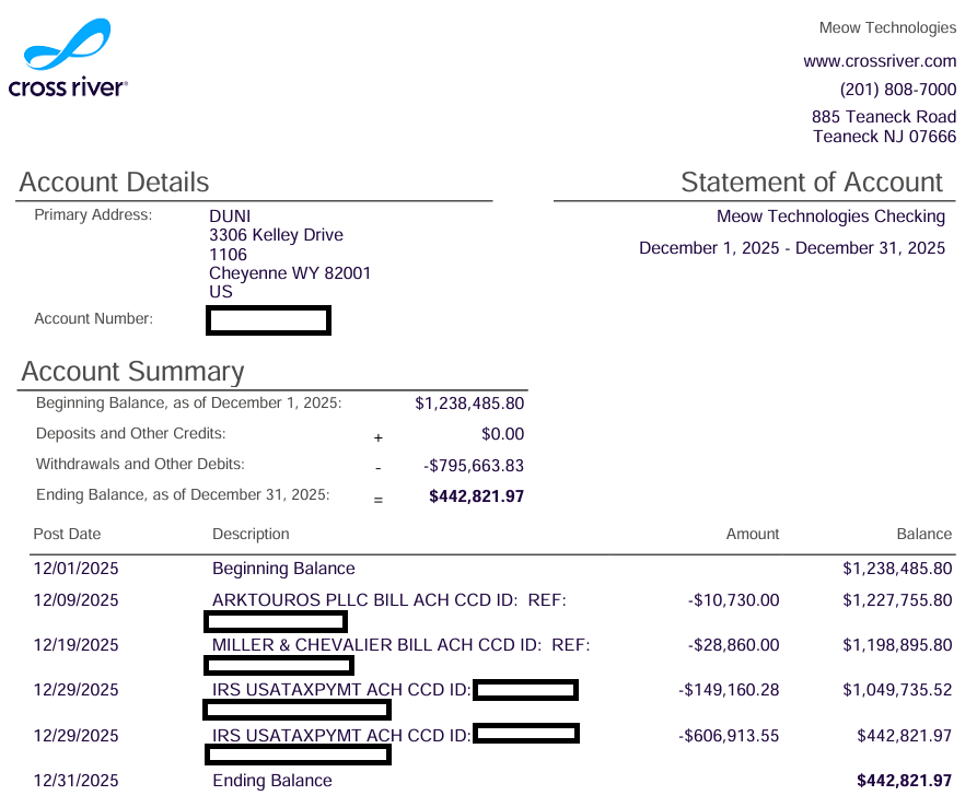 Bank account reconciliation as of December 31, 2025 (2 of 3)